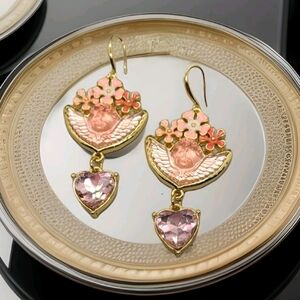 Vintage Estate Kirks Folly Angel Cherub Crystal Heart Gold Dangle Earrings